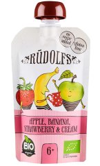 RUDOLFS BIO kapsička Jablko, banán, jahoda so smotanou 110 g (od 6 mesiacov)-kapsička Jablko, banán, jahoda so smotanou 110 g.
