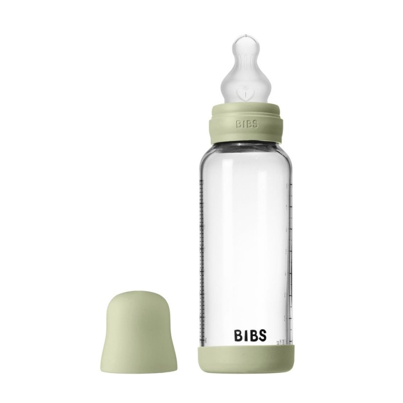 BIBS antikoliková skleněná fľaša so silikónovým cumlíkom 240ml - Sage