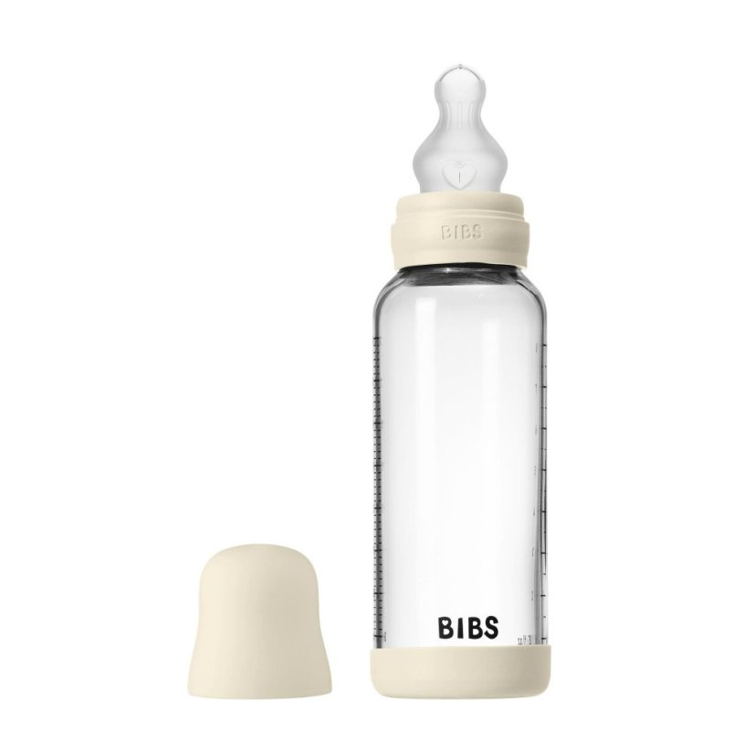 BIBS antikoliková skleněná fľaša so silikónovým cumlíkom 240ml - Ivory