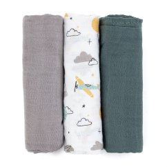 PETITE&MARS Sada bambusových mušelínových plienok 3ks Moussy  68 x 68 cm - Grey Planes, 68 x 68 cm