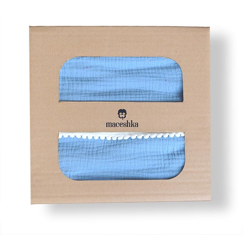 Mušelínové povlečení Maceshka Nature s ozdobným okrajem - Blue Jean, pompony.