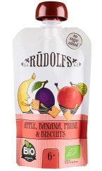RUDOLFS BIO vrecko Jablko, banán, sušená slivka, sušienky 110 g (od 6 mesiacov) - vrecko Jablko, banán, sušená slivka, sušienky 110 g.