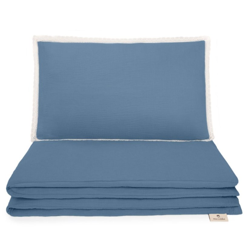 Mušelínové povlečení Maceshka Nature s ozdobným okrajem - Blue jean, krajka.