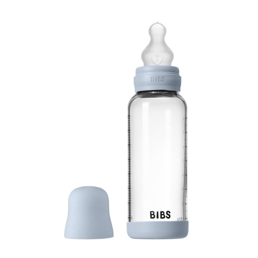 BIBS antikoliková skleněná fľaša so silikónovým cumlíkom 240ml - Baby Blue