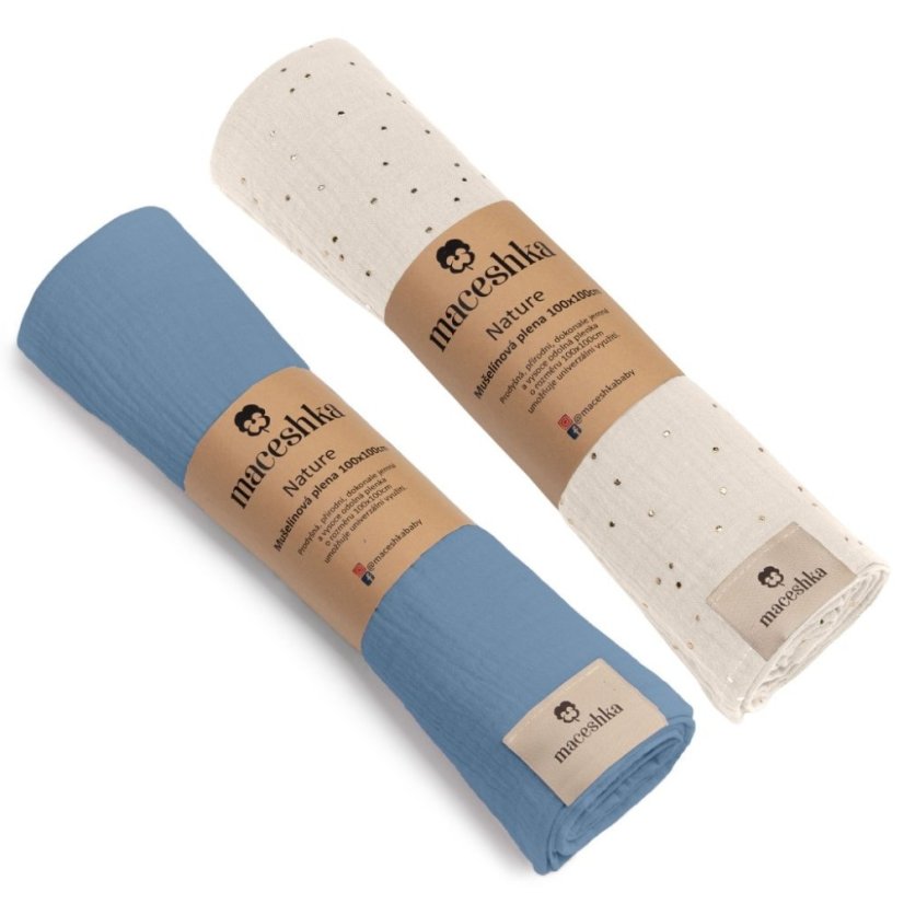 Mušelínová plena Maceshka Nature 2ks - Ecru zlatý puntík+ Jean.